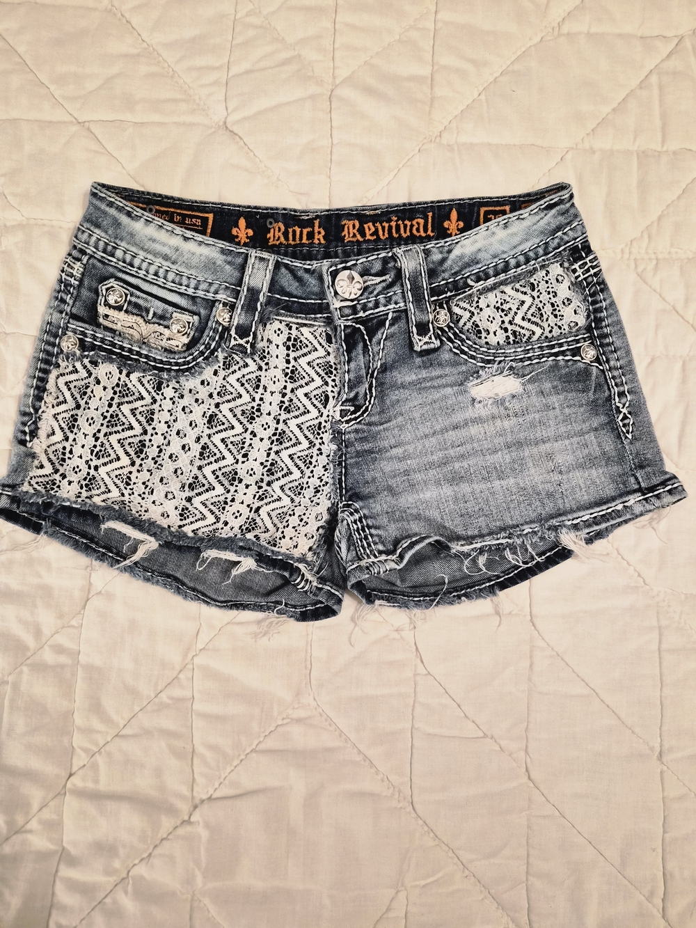 Rock Revival -Distressed -Lace-Panel 'Vivian' Denim Shorts - 26